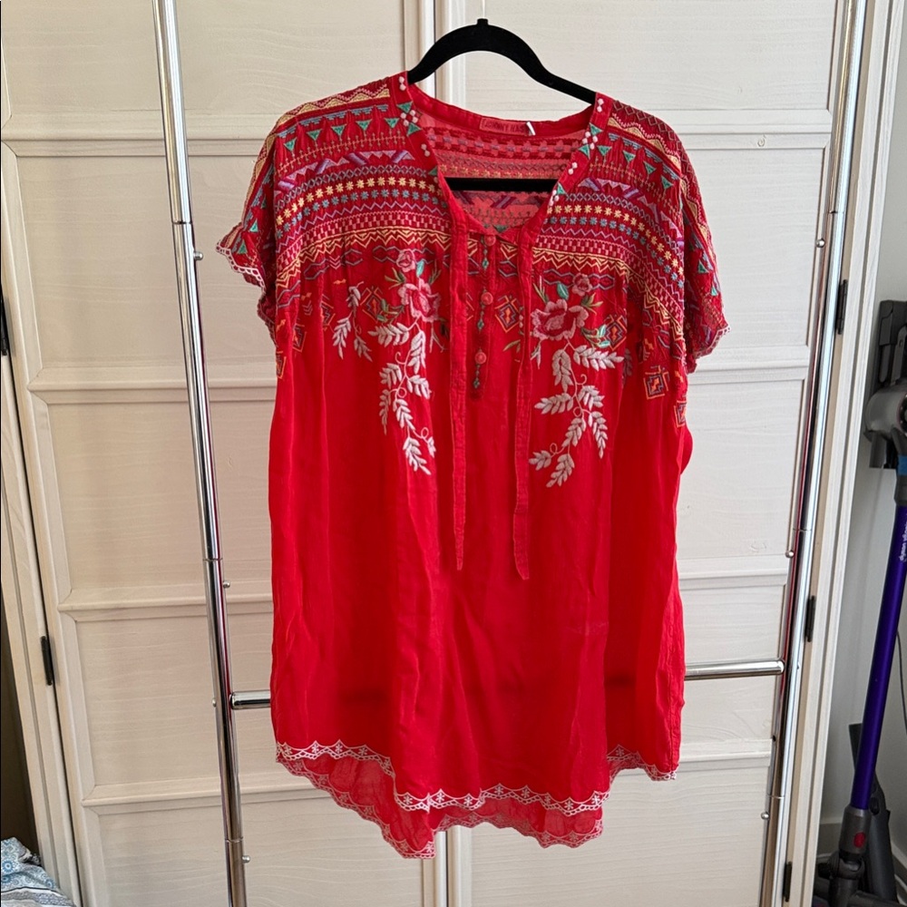 Johnny Was Red Embroidered Floral Tunic